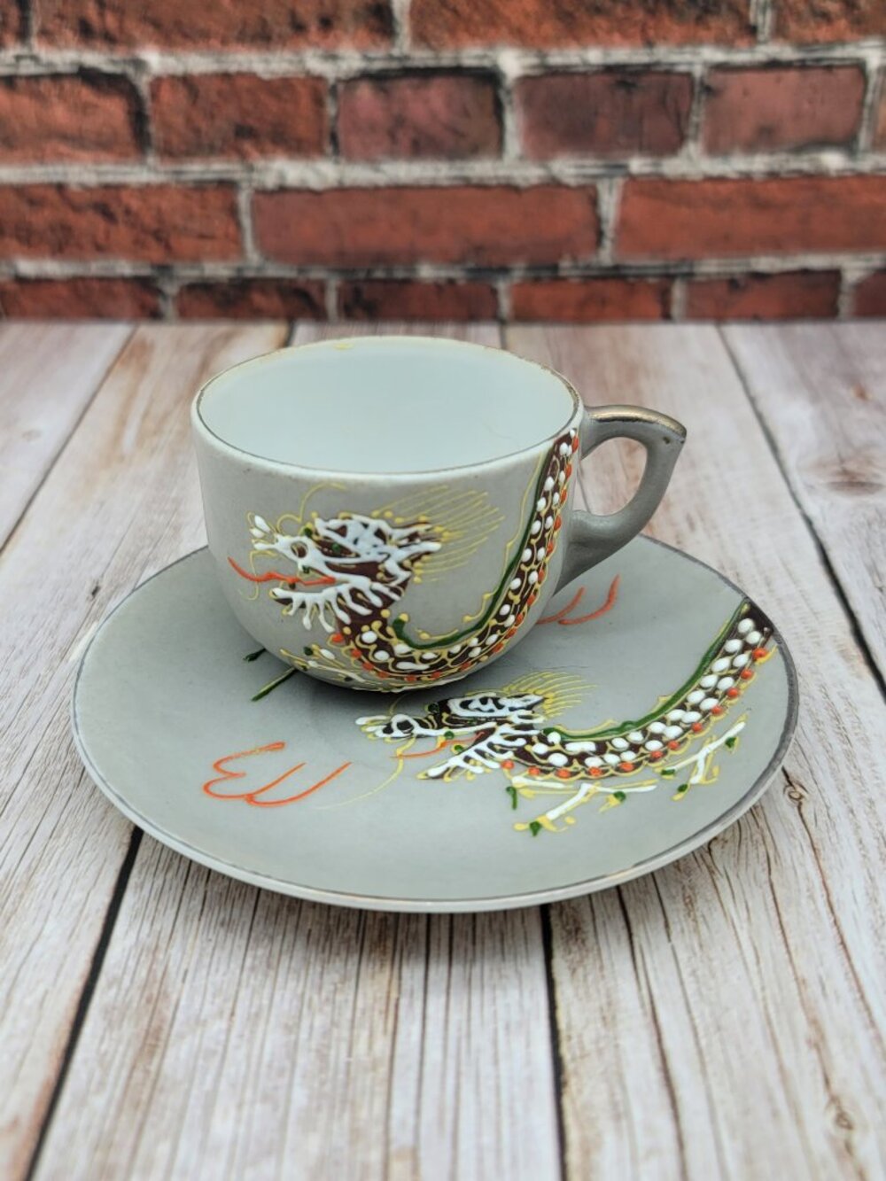 Occupied Japan Hand painted Gray Moriage Porcelain Dragonware Mini Cup & Saucer